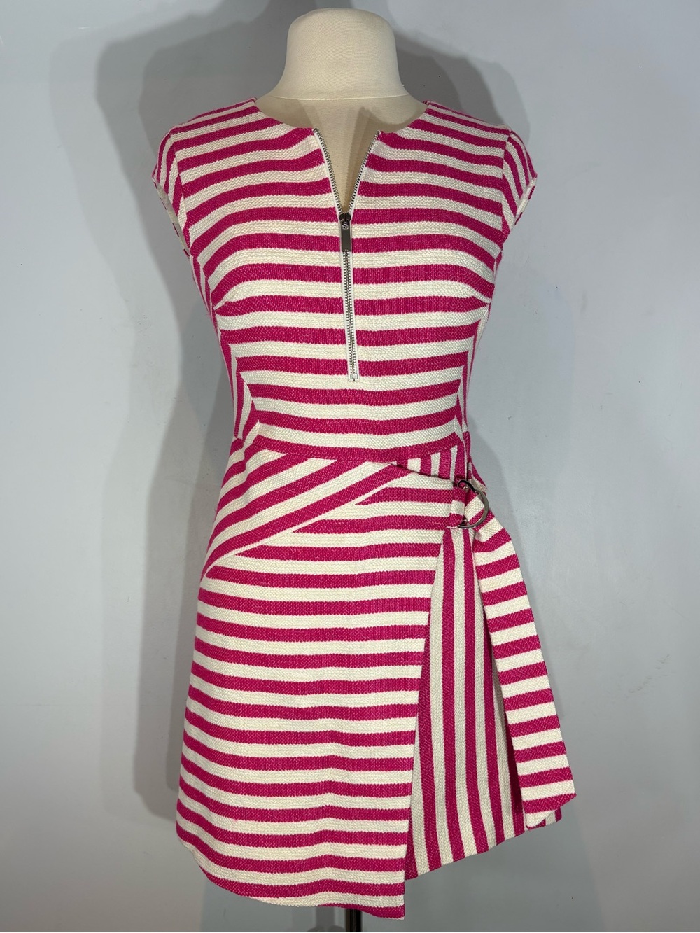 Karen Millen Pink Striped Textured Knit Belted Dress Size 8